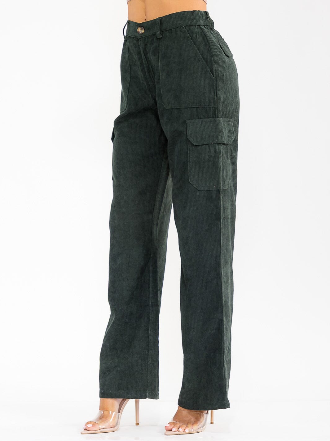 WOMEN'S BUTTON CLOSURE CARGO POCKETS WIDE LEG CORDUROY PANTS