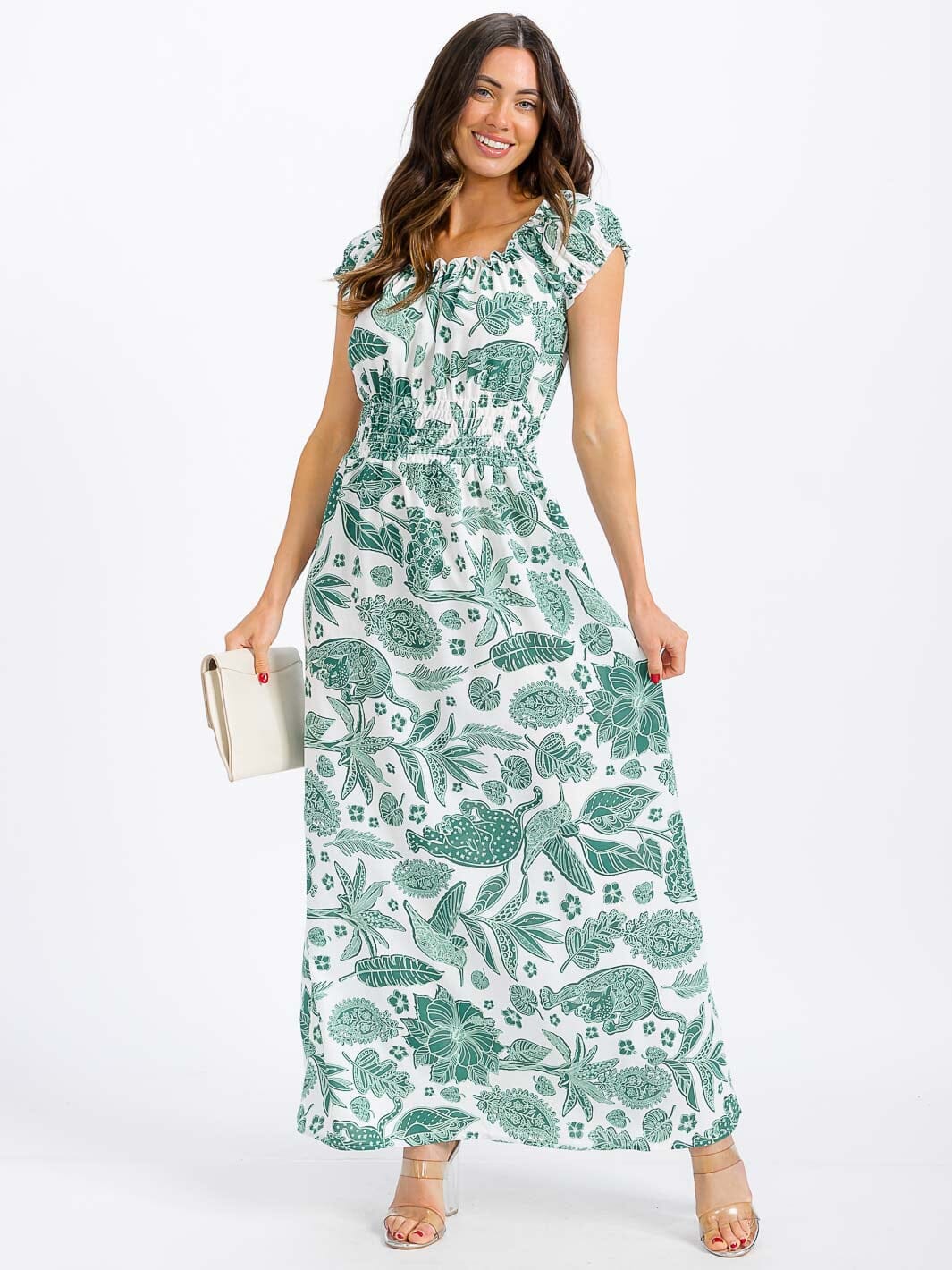 WOMEN'S SHORT SLEEVE SMOCK WAIST FLORAL MAXI DRESS