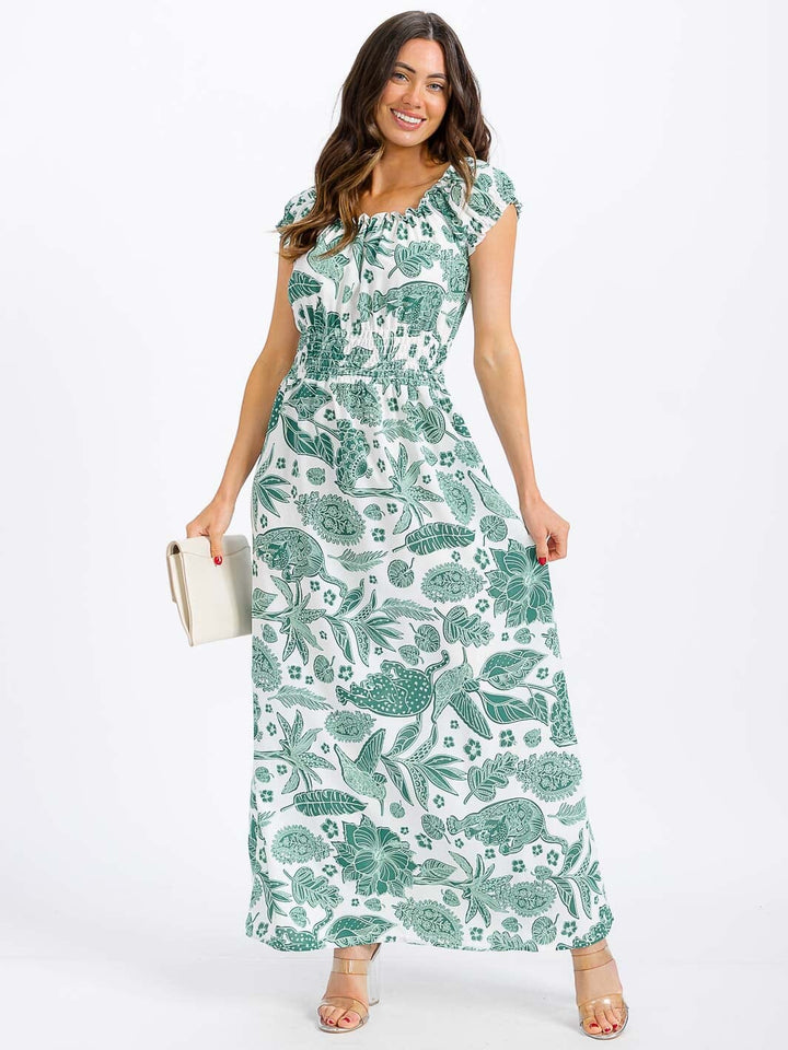 WOMEN'S SHORT SLEEVE SMOCK WAIST FLORAL MAXI DRESS