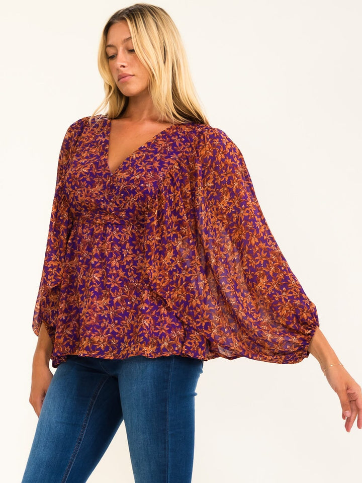 WOMEN'S LONG SLEEVE SURPLICE FLORAL PEPLUM BLOUSE