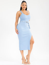 WOMEN'S SLEEVELESS SIDE SLIT BELTED RIBBED BODYCON MIDI DRESS