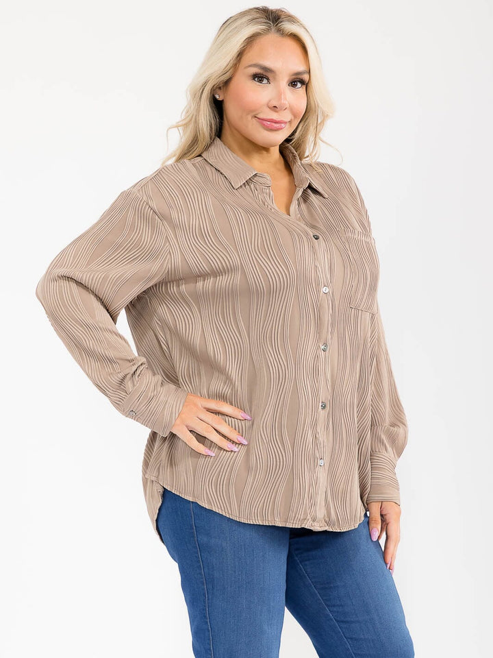 PLUS SIZE LONG SLEEVE BUTTON UP FRONT POCKET DETAILED BLOUSE
