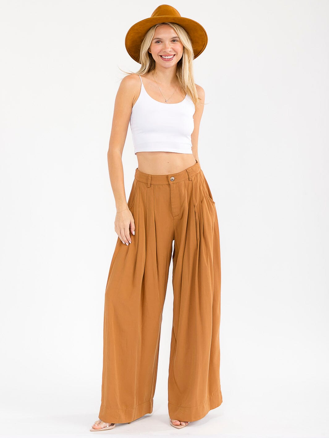 WOMEN'S BUTTON CLOSURE FRONT POCKET WIDE LEG PALAZZO PANTS