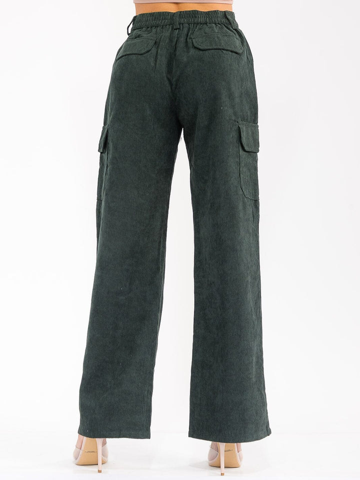 WOMEN'S BUTTON CLOSURE CARGO POCKETS WIDE LEG CORDUROY PANTS