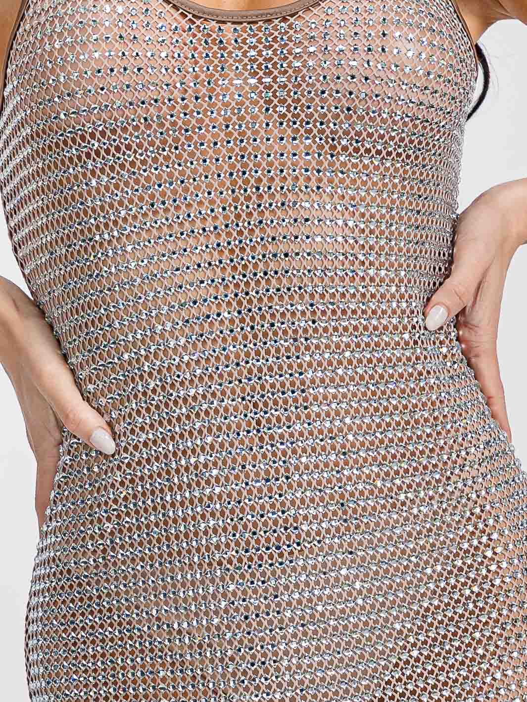 WOMEN'S SLEEVELESS ALL OVER STUDS BODYCON MESH MINI DRESS