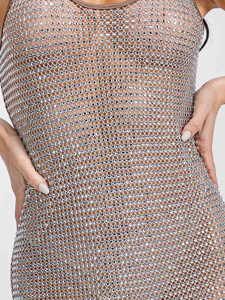 WOMEN'S SLEEVELESS ALL OVER STUDS BODYCON MESH MINI DRESS