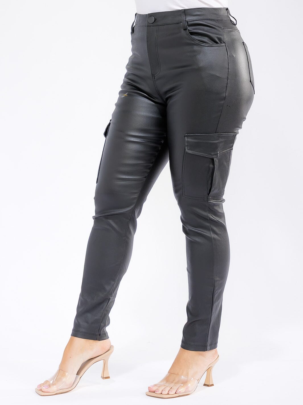 PLUS SIZE BUTTON CLOSURE CARGO POCKETS PU PLEATHER SKINNY LEG PANTS
