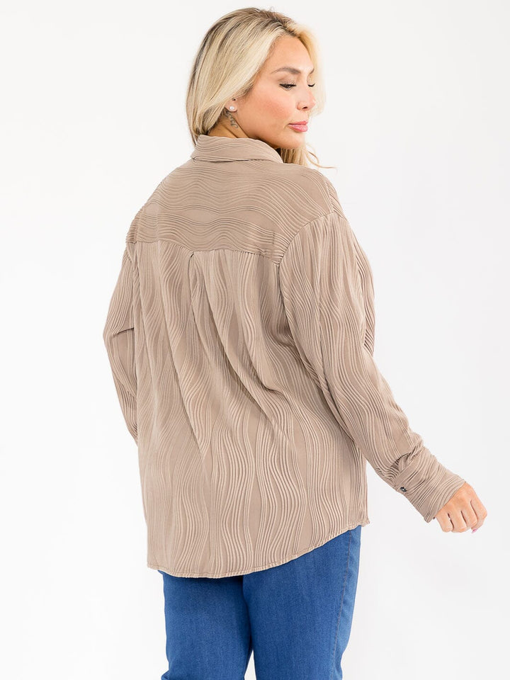 PLUS SIZE LONG SLEEVE BUTTON UP FRONT POCKET DETAILED BLOUSE