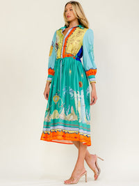 WOMEN'S 3/4 SLEEVE BUTTON UP SELF TIE MULTI PRINT MIDI DRESS