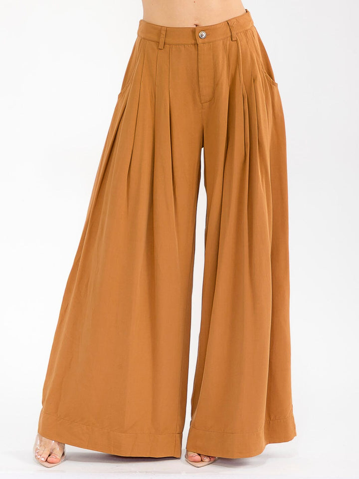 WOMEN'S BUTTON CLOSURE FRONT POCKET WIDE LEG PALAZZO PANTS