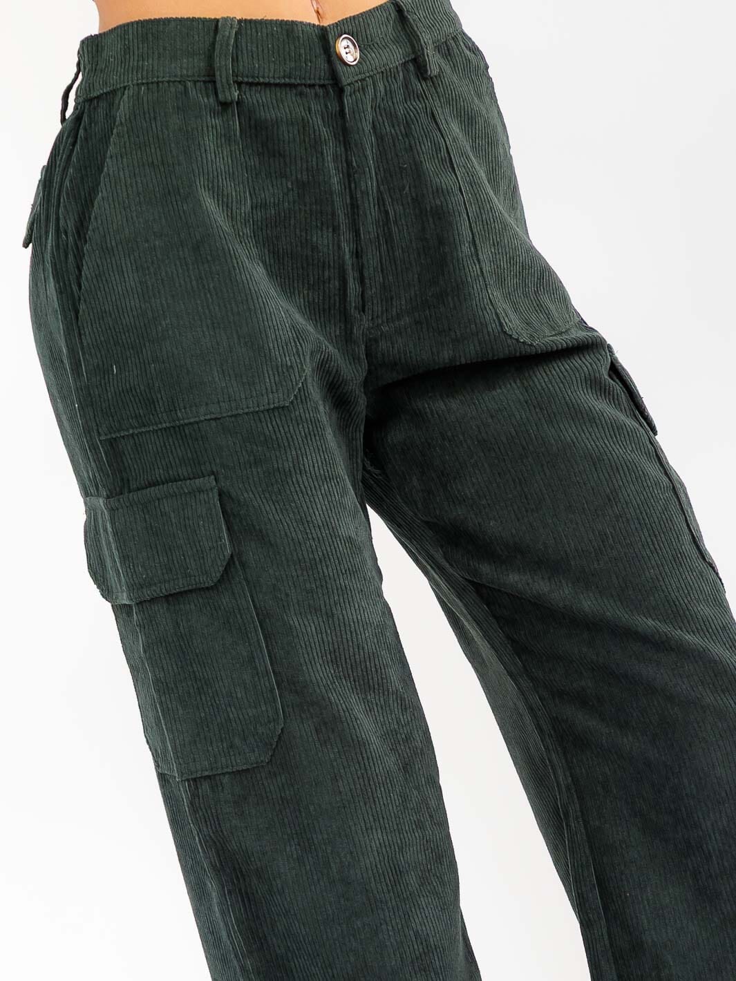WOMEN'S BUTTON CLOSURE CARGO POCKETS WIDE LEG CORDUROY PANTS