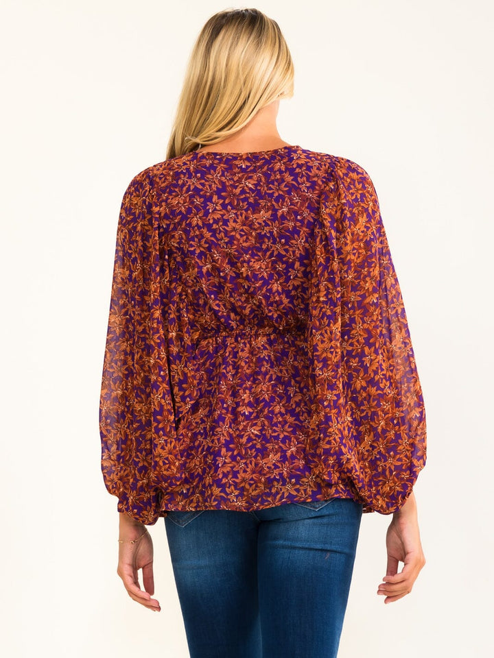 WOMEN'S LONG SLEEVE SURPLICE FLORAL PEPLUM BLOUSE