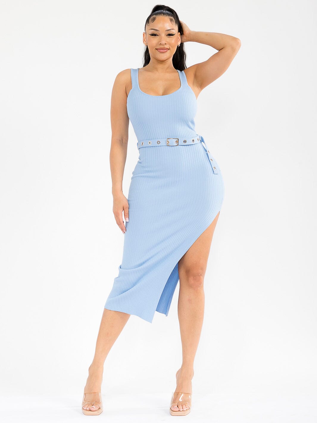 WOMEN'S SLEEVELESS SIDE SLIT BELTED RIBBED BODYCON MIDI DRESS