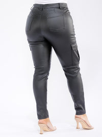 PLUS SIZE BUTTON CLOSURE CARGO POCKETS PU PLEATHER SKINNY LEG PANTS