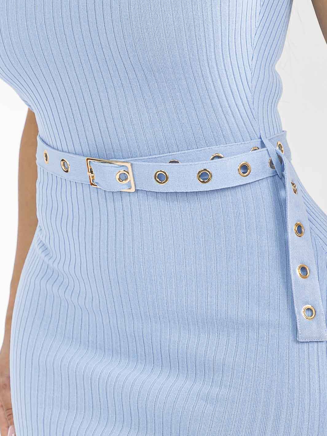 WOMEN'S SLEEVELESS SIDE SLIT BELTED RIBBED BODYCON MIDI DRESS