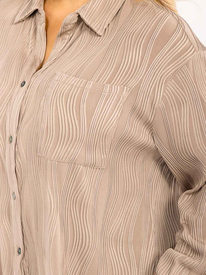 PLUS SIZE LONG SLEEVE BUTTON UP FRONT POCKET DETAILED BLOUSE