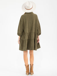 WOMEN'S LONG SLEEVE FRONT POCKETS BUTTON UP TIERED LOOSE FIT MINI DRESS