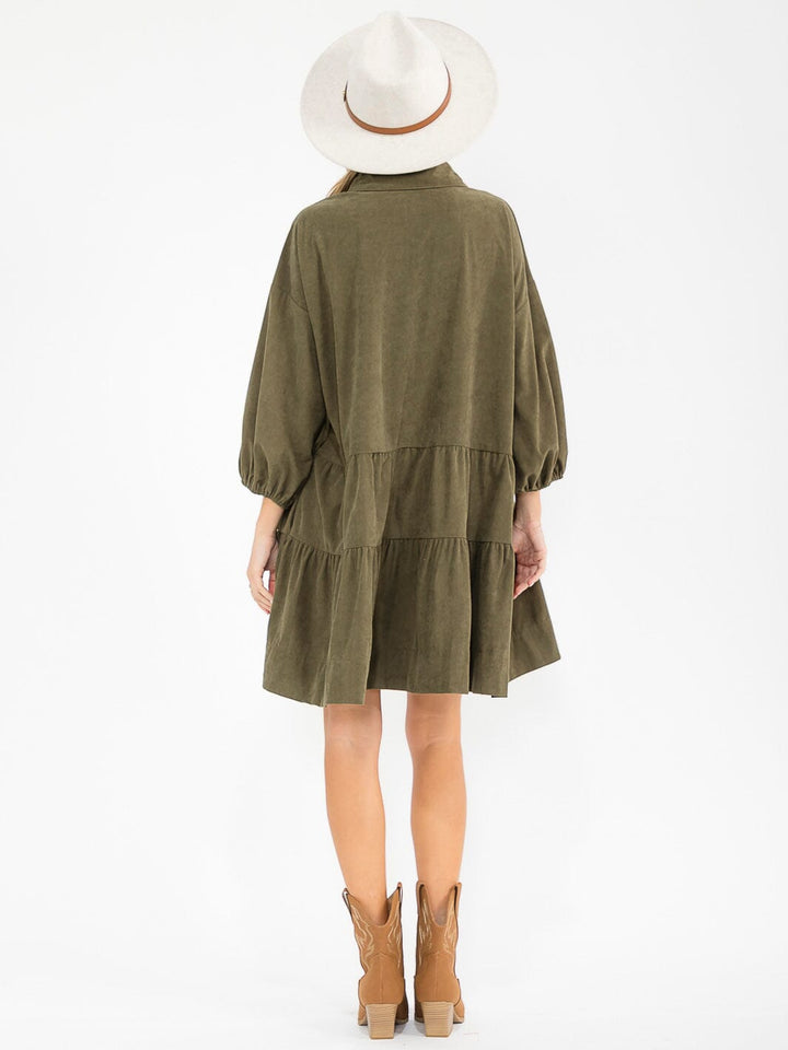 WOMEN'S LONG SLEEVE FRONT POCKETS BUTTON UP TIERED LOOSE FIT MINI DRESS