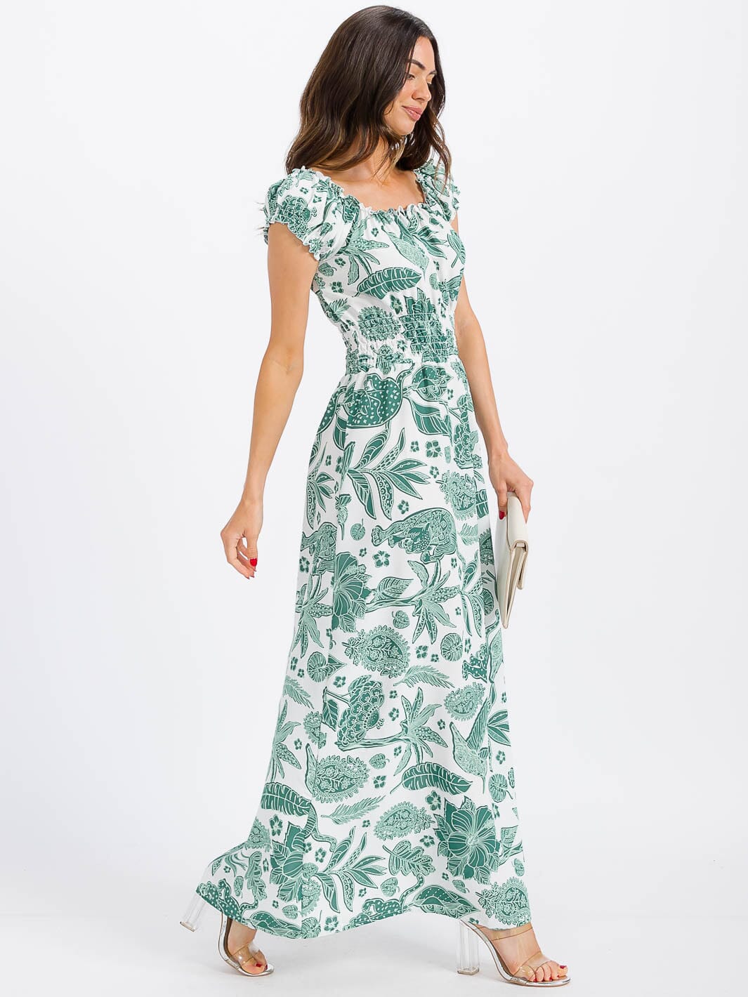 WOMEN'S SHORT SLEEVE SMOCK WAIST FLORAL MAXI DRESS