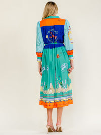 WOMEN'S 3/4 SLEEVE BUTTON UP SELF TIE MULTI PRINT MIDI DRESS