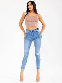 WOMEN'S BUTTON CLOSURE POCKETS DISTRESS SKINNY STRETCH DENIM PANTS