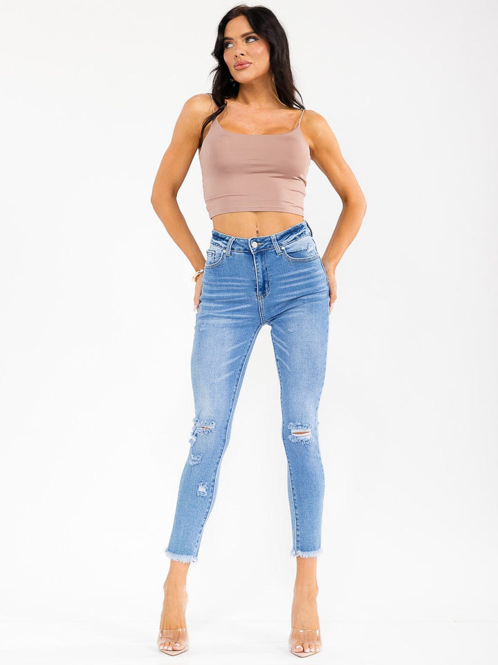 WOMEN'S BUTTON CLOSURE POCKETS DISTRESS SKINNY STRETCH DENIM PANTS