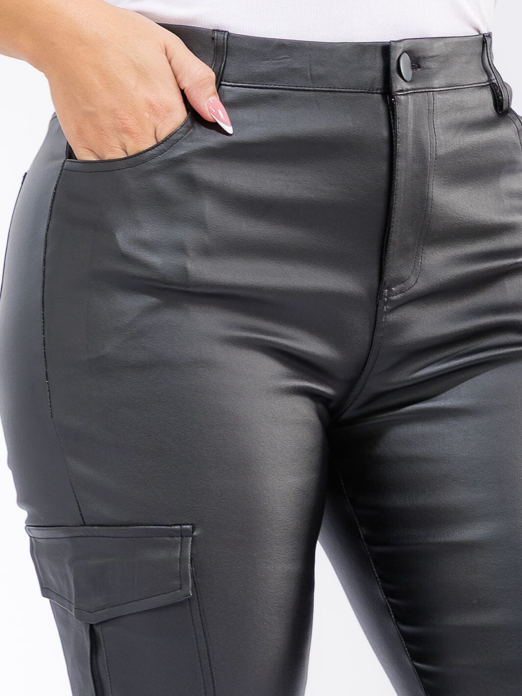 PLUS SIZE BUTTON CLOSURE CARGO POCKETS PU PLEATHER SKINNY LEG PANTS