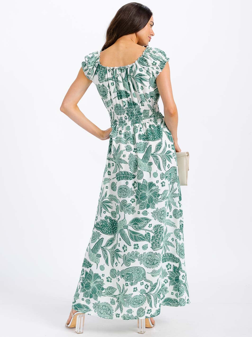 WOMEN'S SHORT SLEEVE SMOCK WAIST FLORAL MAXI DRESS