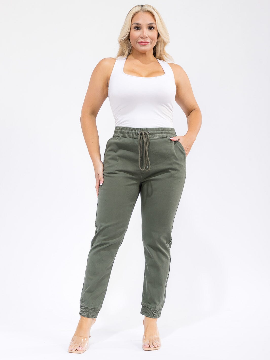 PLUS SIZE ELASTIC WAIST SELF TIE JOGGER DENIM PANTS