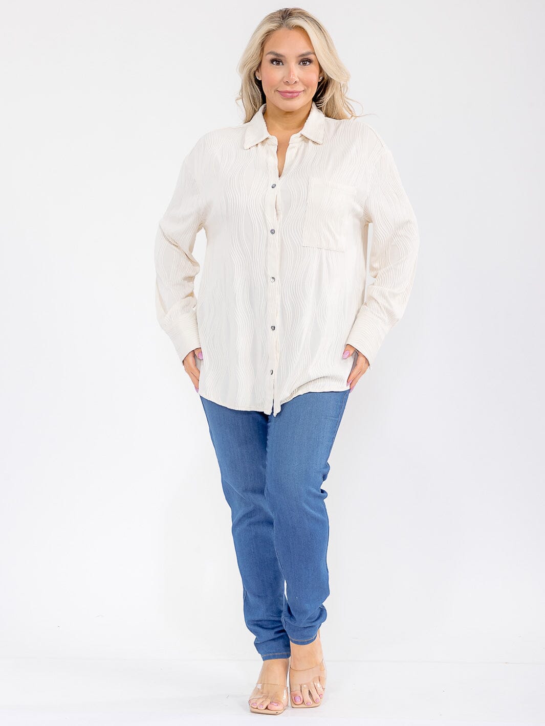 PLUS SIZE LONG SLEEVE BUTTON UP FRONT POCKET DETAILED BLOUSE
