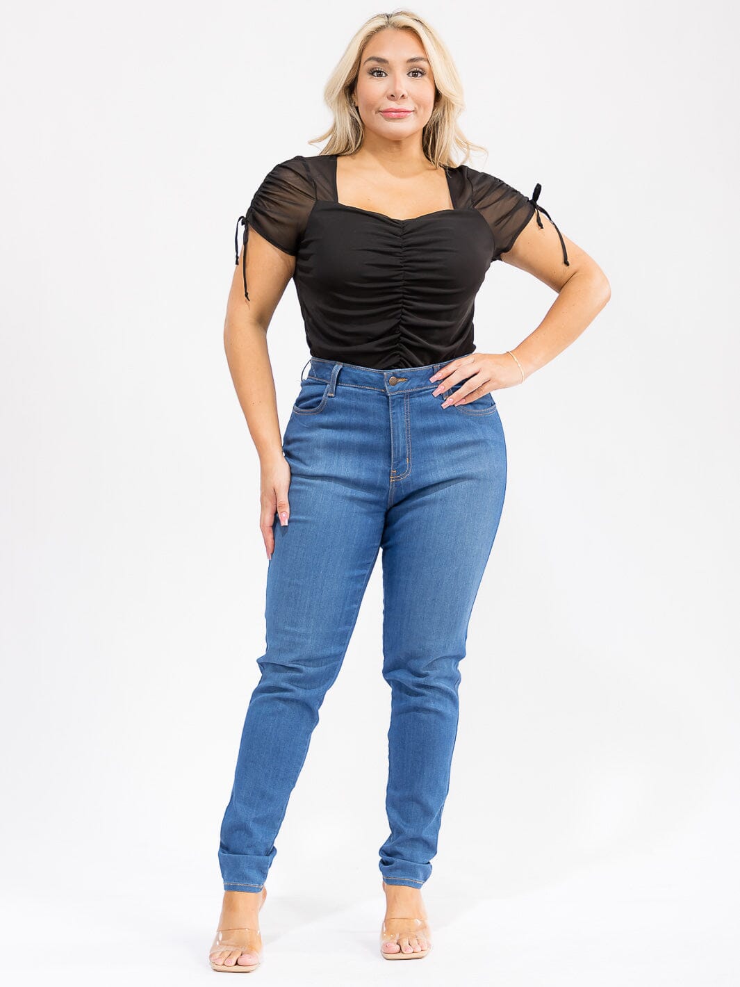 PLUS SIZE SHORT SLEEVE FRONT RUCHED MESH BODYSUIT