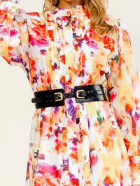 WOMEN'S LONG SLEEVE BUTTON UP BRLTED FLORAL MAXI DRESS