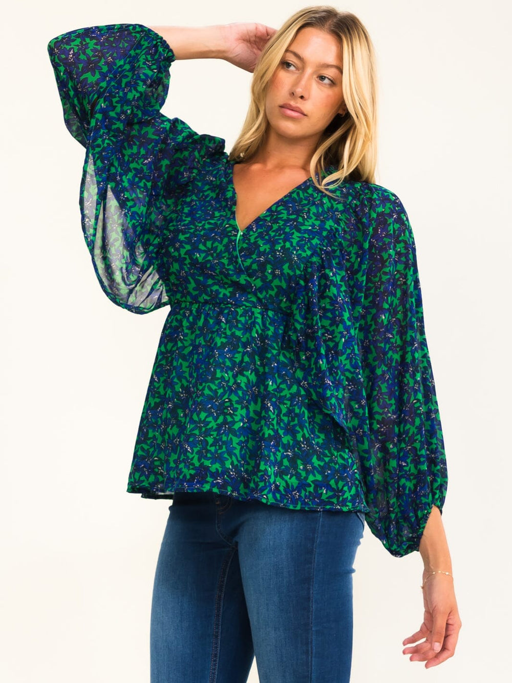 WOMEN'S LONG SLEEVE SURPLICE FLORAL PEPLUM BLOUSE