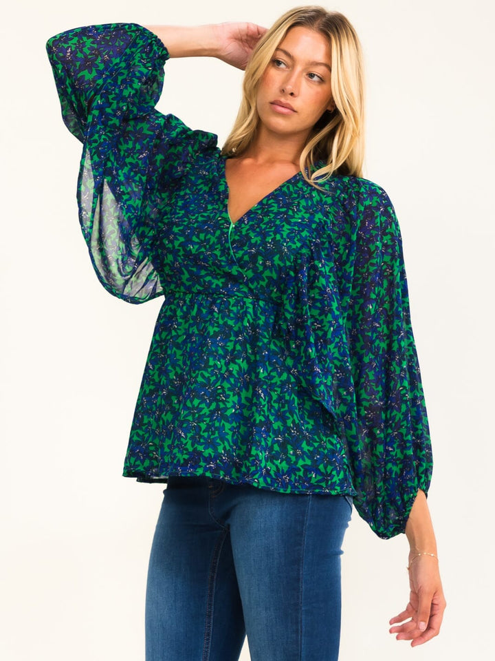 WOMEN'S LONG SLEEVE SURPLICE FLORAL PEPLUM BLOUSE