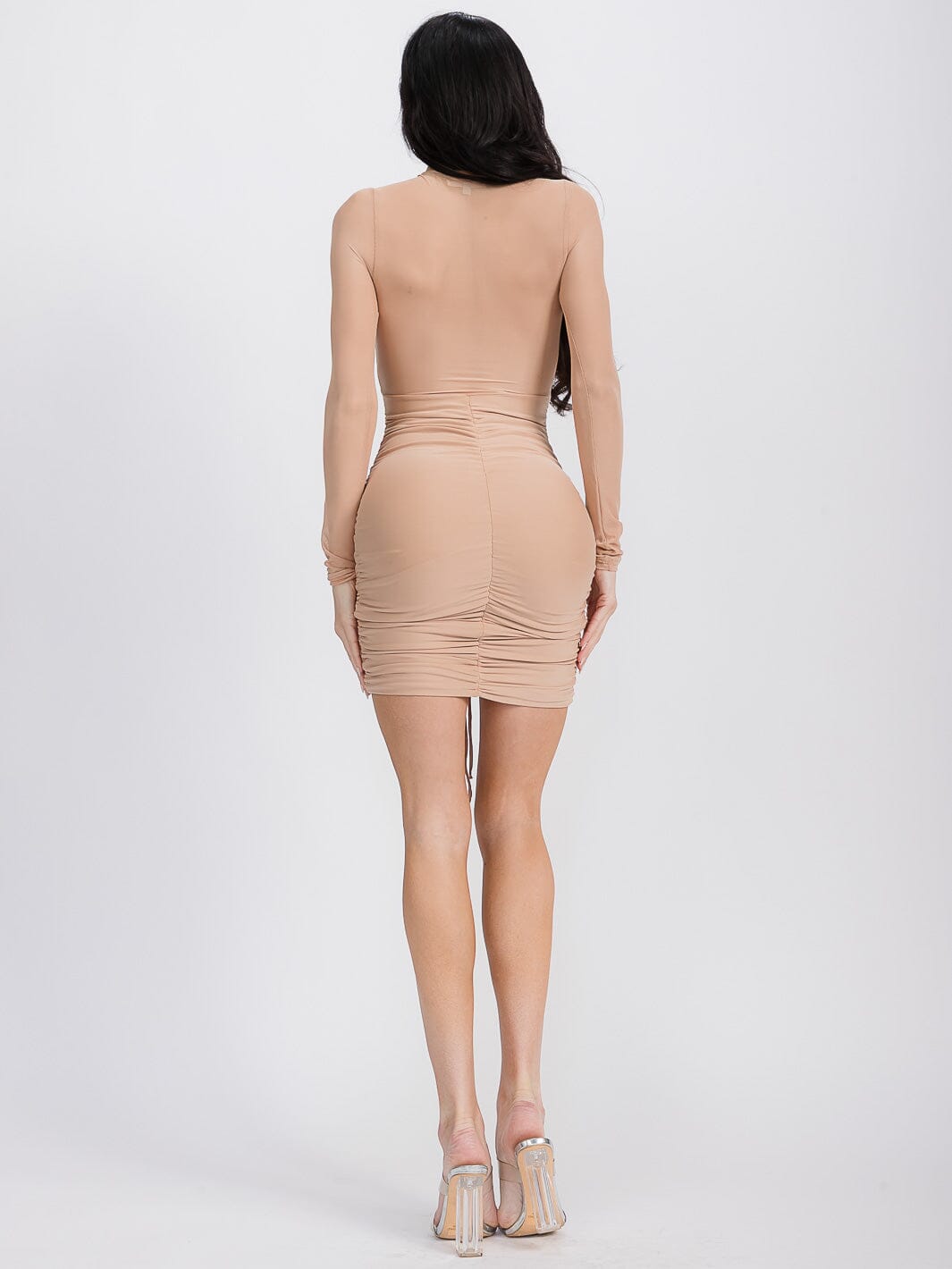 WOMEN'S LONG SLEEVE CUT OUT RUCHED BODYCON MINI DRESS