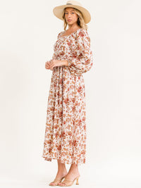 WOMEN'S LONG SLEEVE SMOCK SELF TIE FLORAL PRINT MAXI DRESS