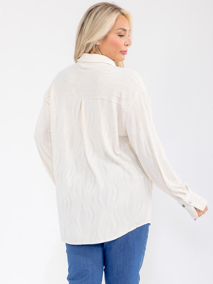 PLUS SIZE LONG SLEEVE BUTTON UP FRONT POCKET DETAILED BLOUSE