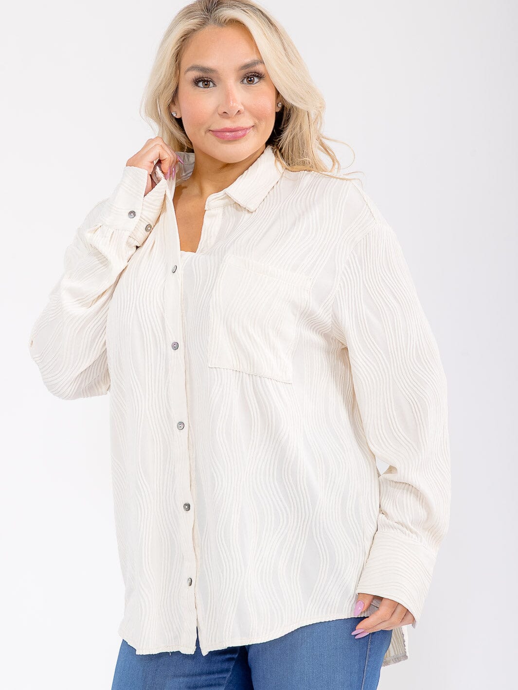 PLUS SIZE LONG SLEEVE BUTTON UP FRONT POCKET DETAILED BLOUSE