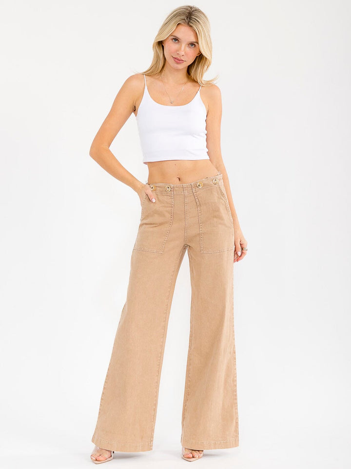 WOMEN'S BUTTON CLOSURE POCKETS WIDE LEG STRETCH DENIM PANTS