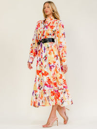 WOMEN'S LONG SLEEVE BUTTON UP BRLTED FLORAL MAXI DRESS