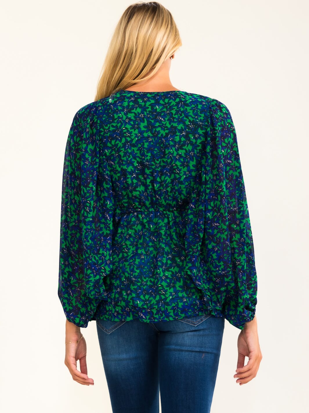 WOMEN'S LONG SLEEVE SURPLICE FLORAL PEPLUM BLOUSE