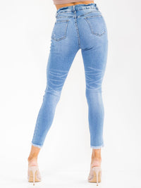 WOMEN'S BUTTON CLOSURE POCKETS DISTRESS SKINNY STRETCH DENIM PANTS