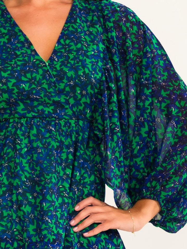 WOMEN'S LONG SLEEVE SURPLICE FLORAL PEPLUM BLOUSE
