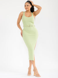 WOMEN'S SLEEVELESS SIDE SLIT BELTED RIBBED BODYCON MIDI DRESS