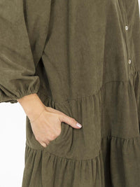WOMEN'S LONG SLEEVE FRONT POCKETS BUTTON UP TIERED LOOSE FIT MINI DRESS