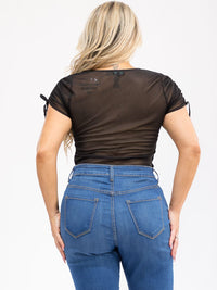 PLUS SIZE SHORT SLEEVE FRONT RUCHED MESH BODYSUIT