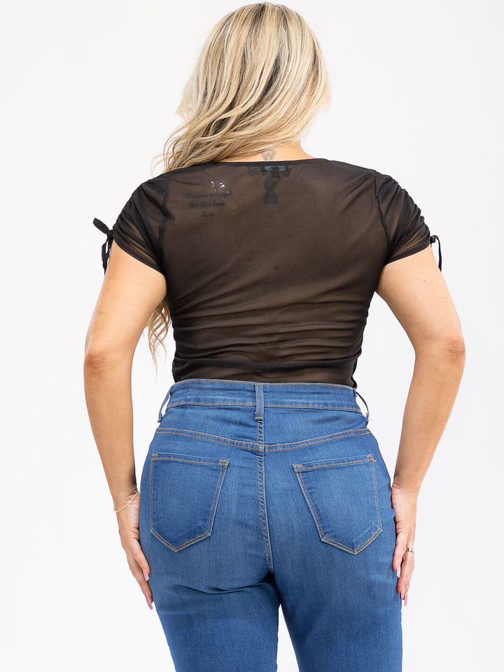 PLUS SIZE SHORT SLEEVE FRONT RUCHED MESH BODYSUIT