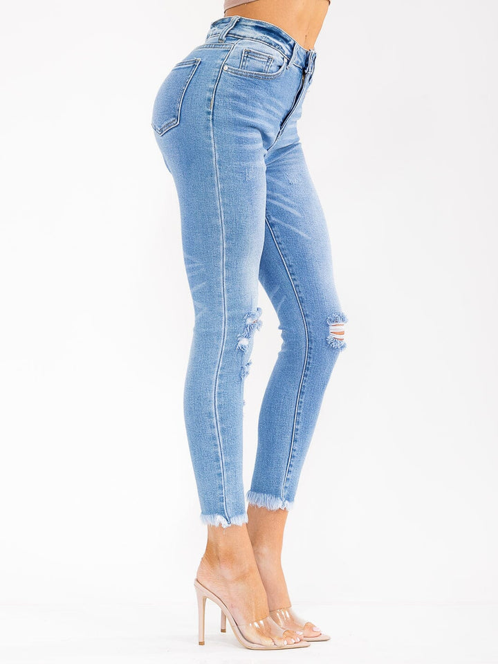 WOMEN'S BUTTON CLOSURE POCKETS DISTRESS SKINNY STRETCH DENIM PANTS