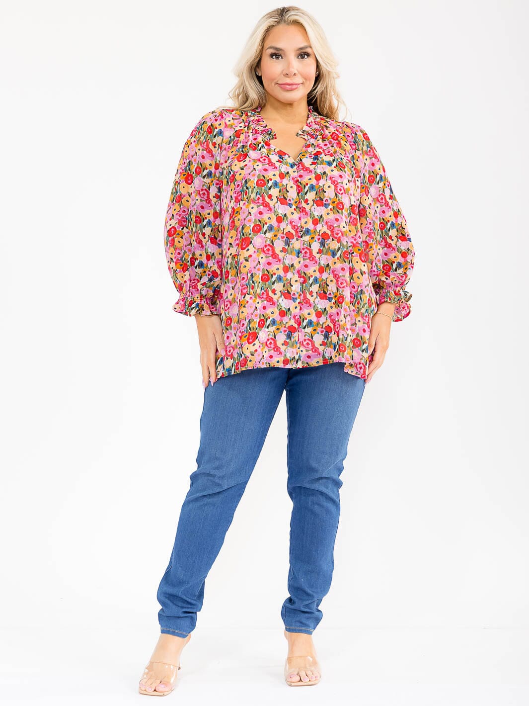 PLUS SIZE LONG SLEEVE V-NECK FLORAL PRINT BLOUSE