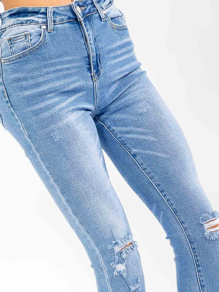 WOMEN'S BUTTON CLOSURE POCKETS DISTRESS SKINNY STRETCH DENIM PANTS